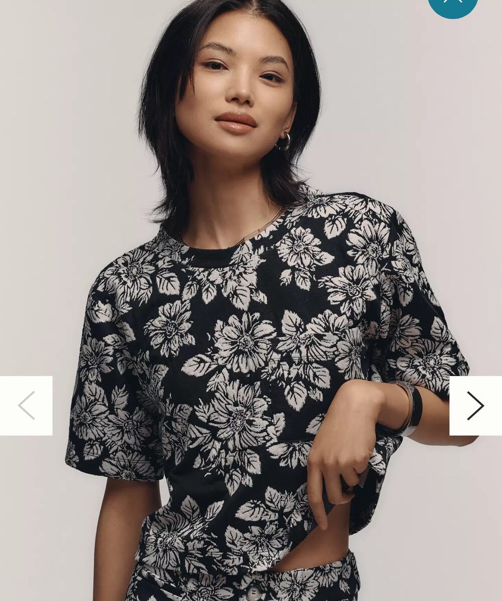 Maeve Top Womens XS Black White Floral Boxy TeeCrew Neck Short Sleeve Stretch
